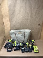 RYOBI TOOLS PCL500/ PBLAG02/PSBID02 3PC COMBO TOOL SET WITH BATTERIES & CHARGER